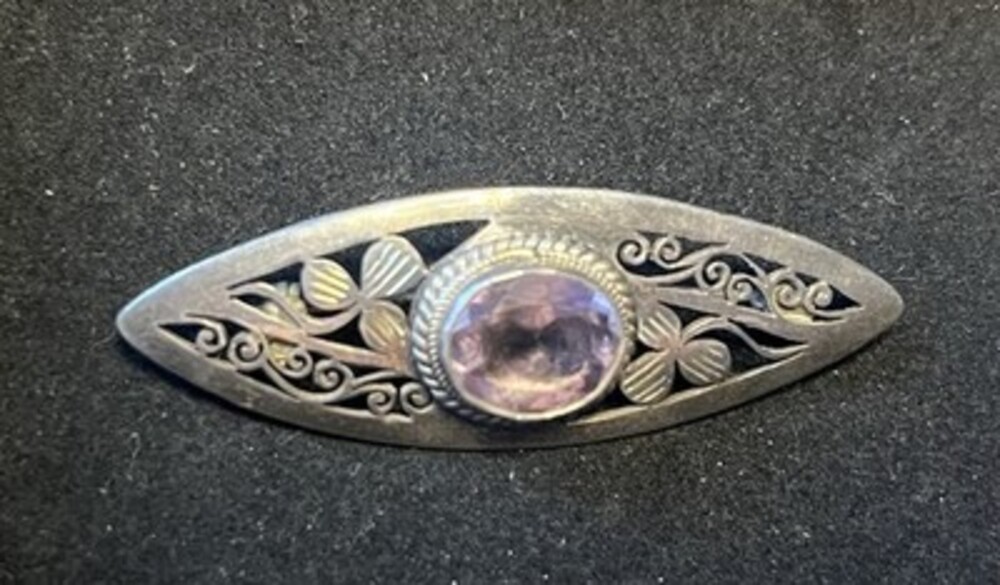Victorian Antique Sterling Silver Brooch With Amethyst Stone. 2.25 Inches.